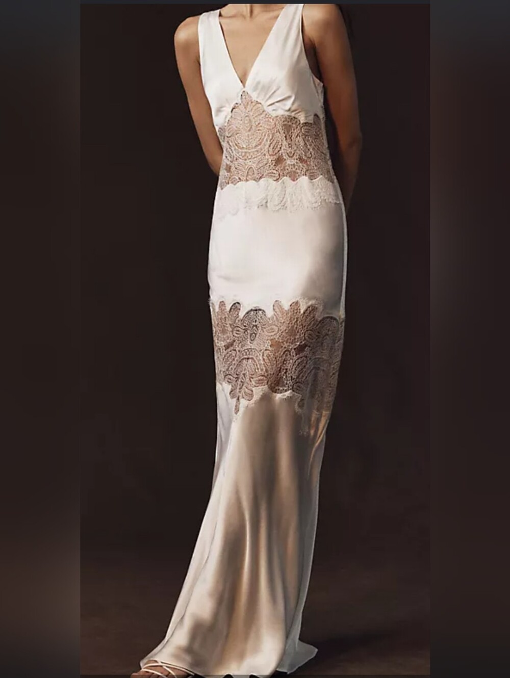 Shona Joy Cream Satin Maxi Dress with Lace Insets